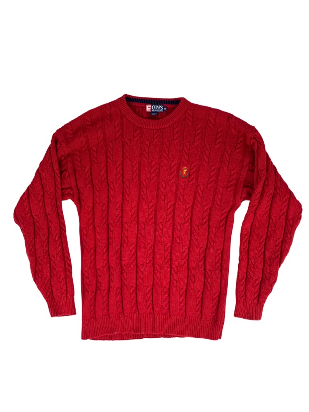Chaps Ralph Lauren Red Cable-Knit Crewneck Sweater w Crest Men XL Vintage Preppy
